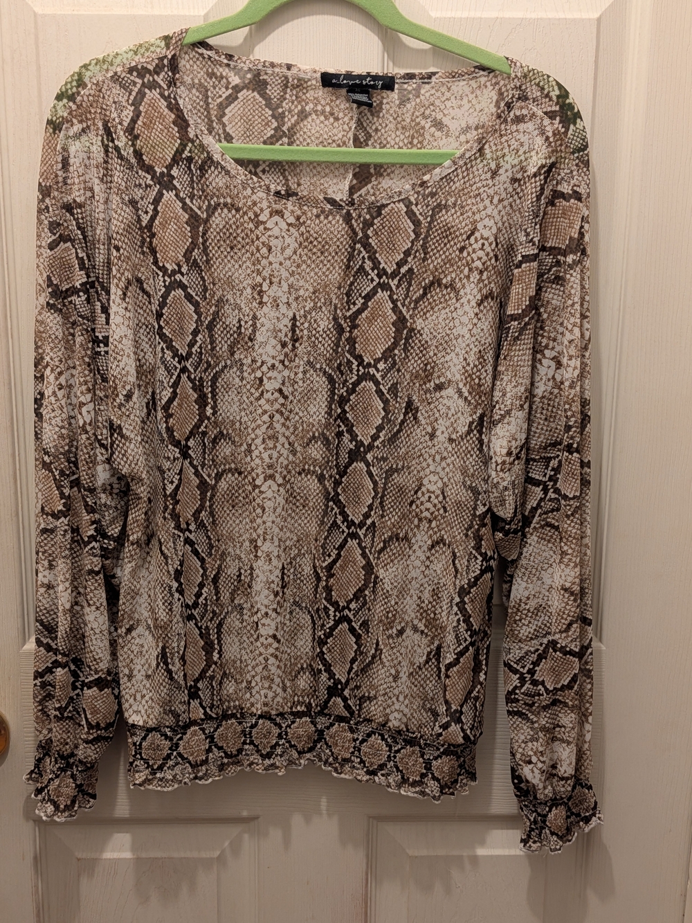 Neutral Brown Snake-Print Long Sleeve Top By Love Story